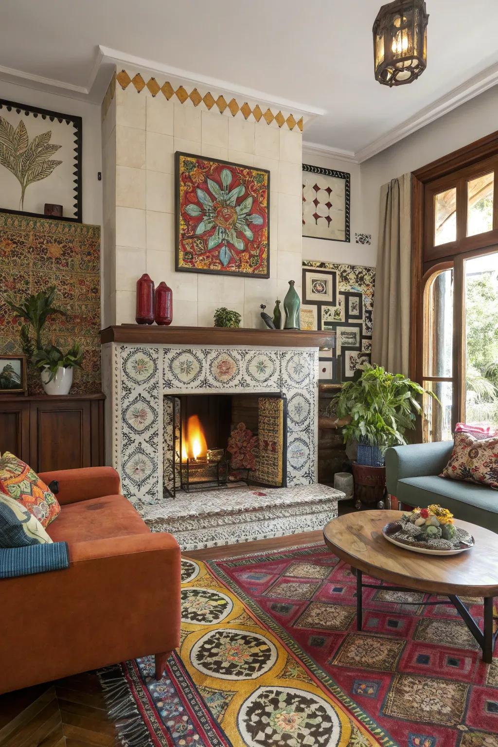 An artistic living space showcasing a fireplace with assorted patterned tiles.