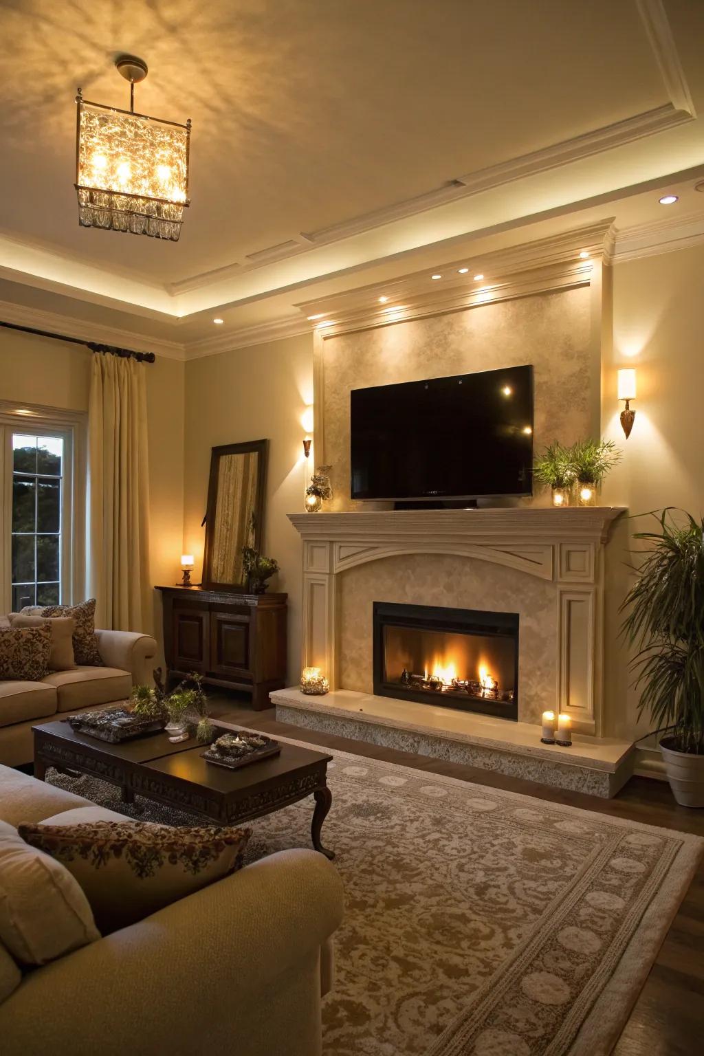 Warm lighting accents highlight a fireplace and TV in a lounge.