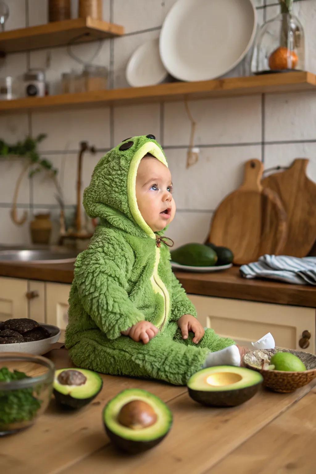 A quirky avocado costume for a delightful inaugural Halloween.