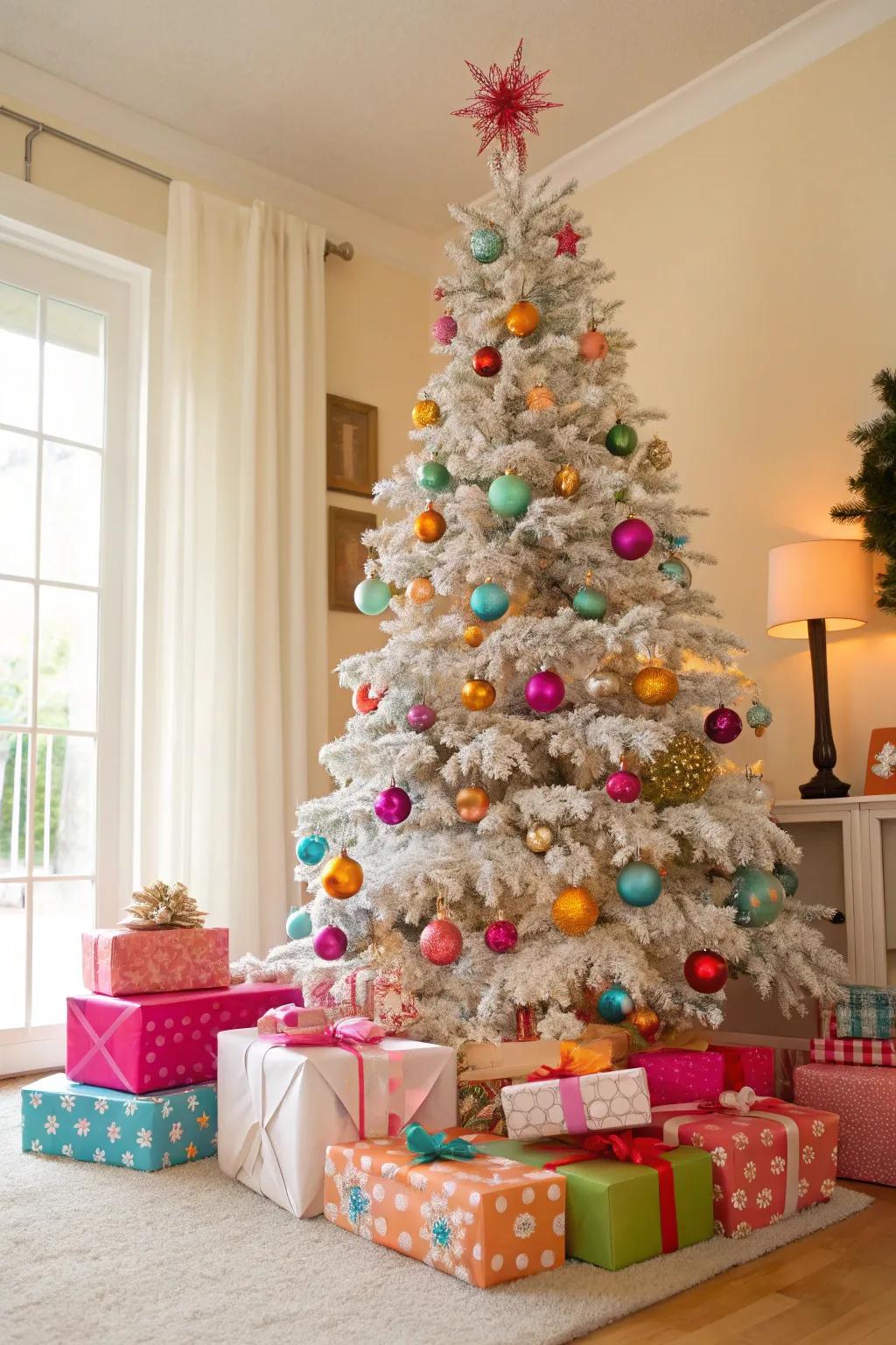 A colorful mayhem-themed flocked Christmas tree.