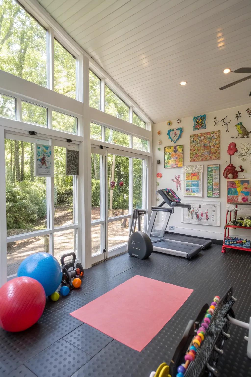 A functional sunroom featuring rubber flooring.