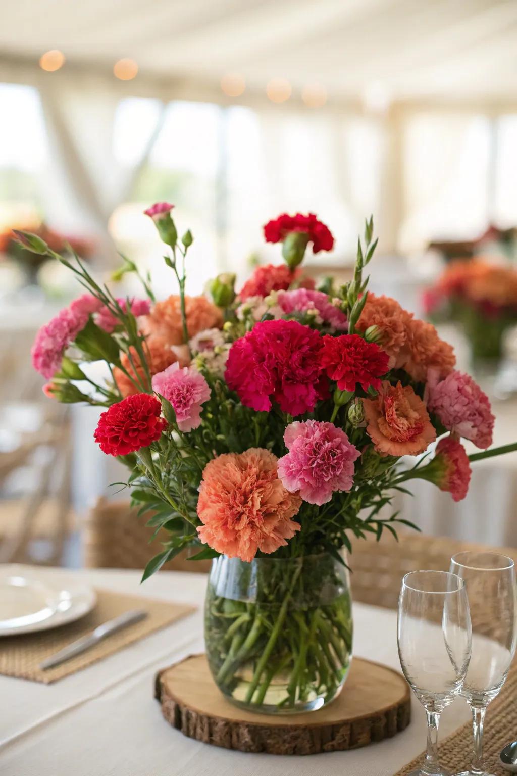 A floral centerpiece with carnations on a table.