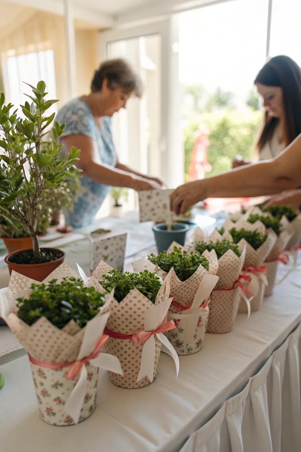 Miniature plants make charming departure favors.