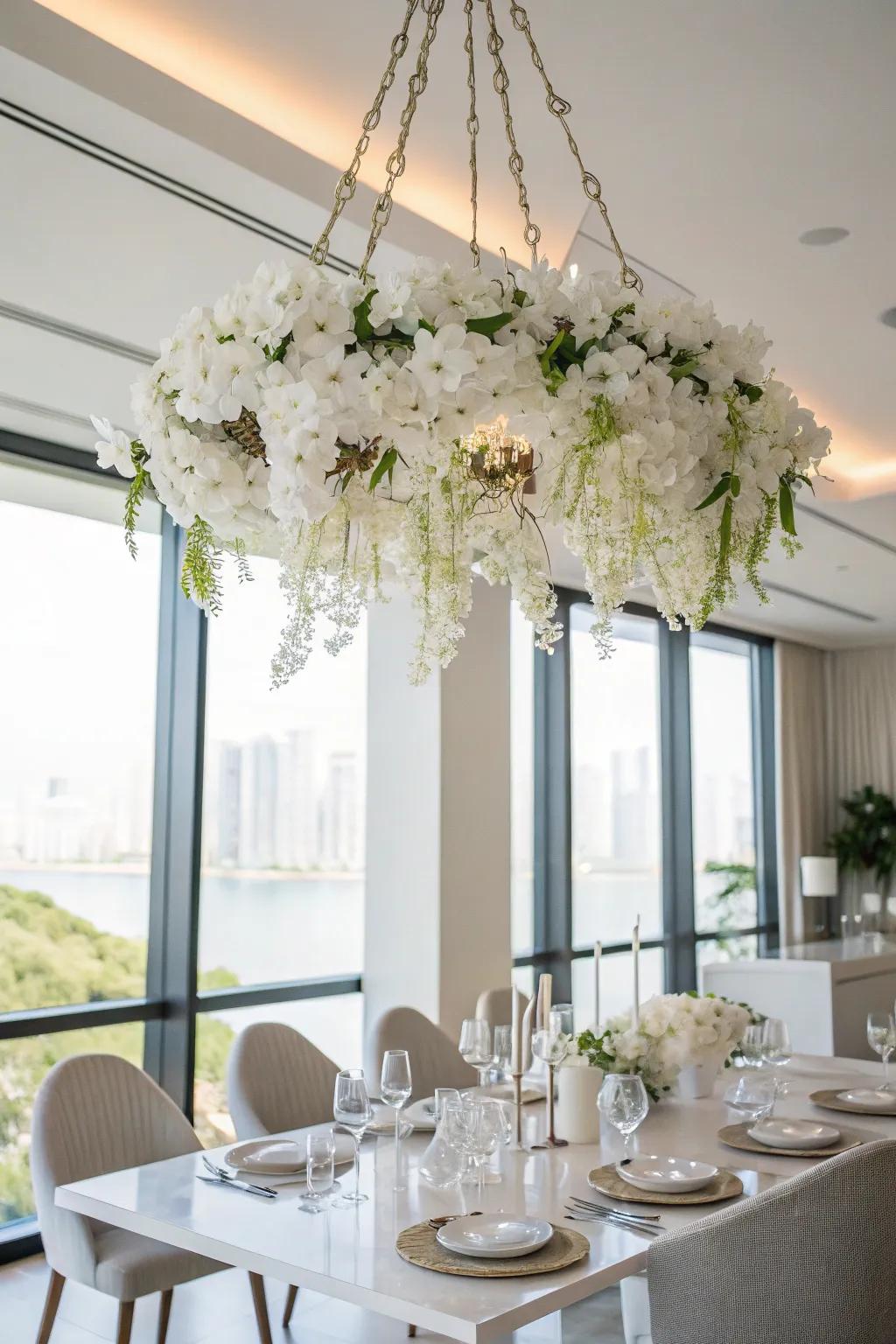 An ivory floral chandelier making a captivating declaration.