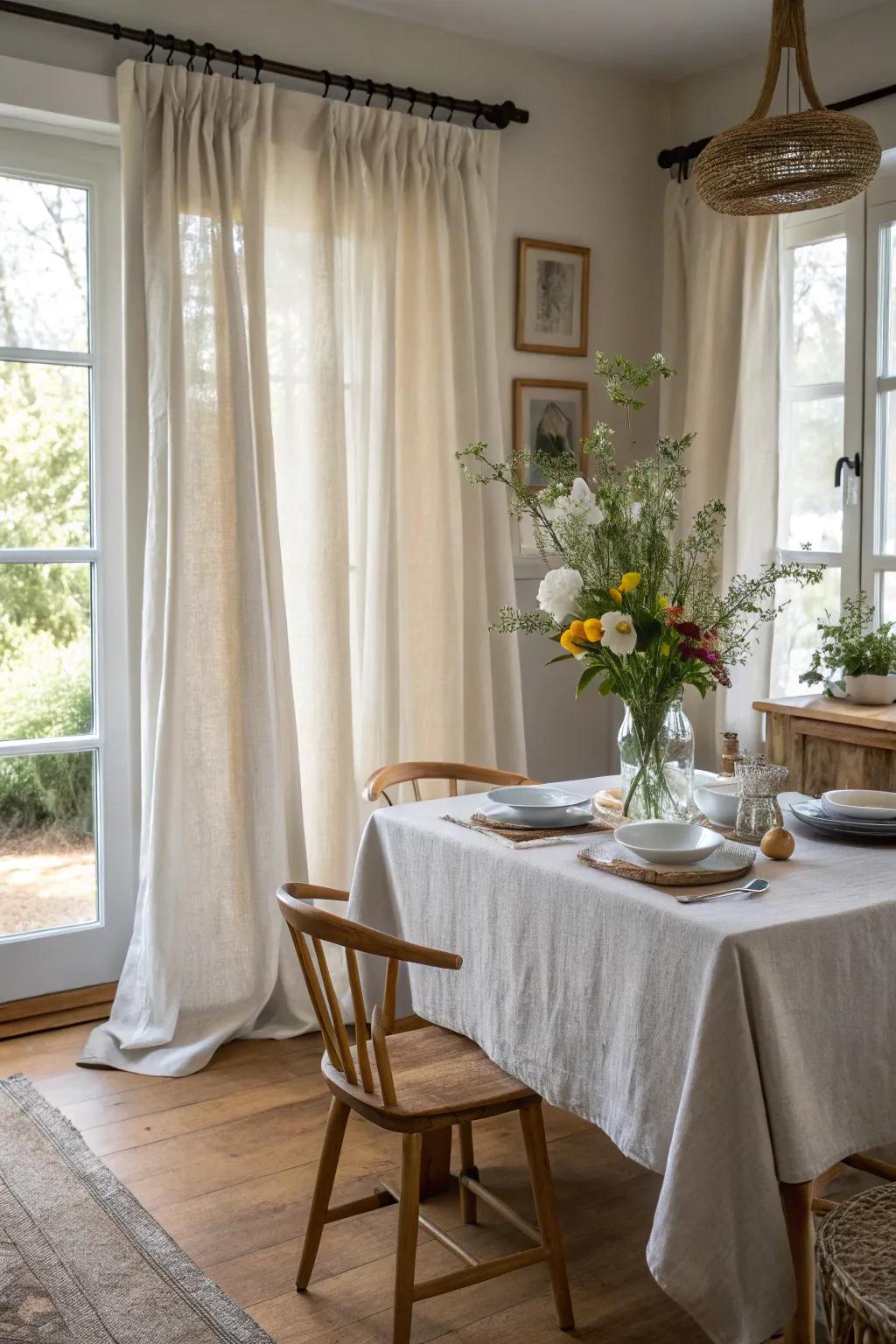 Linen curtains bring a natural, airy feel to this dining room.