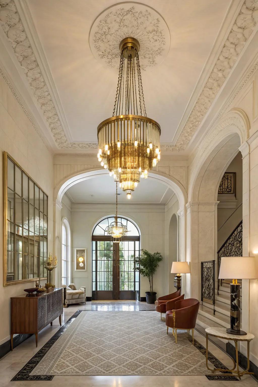 A mid-century modern chandelier incorporates retro charm to this stylish foyer.