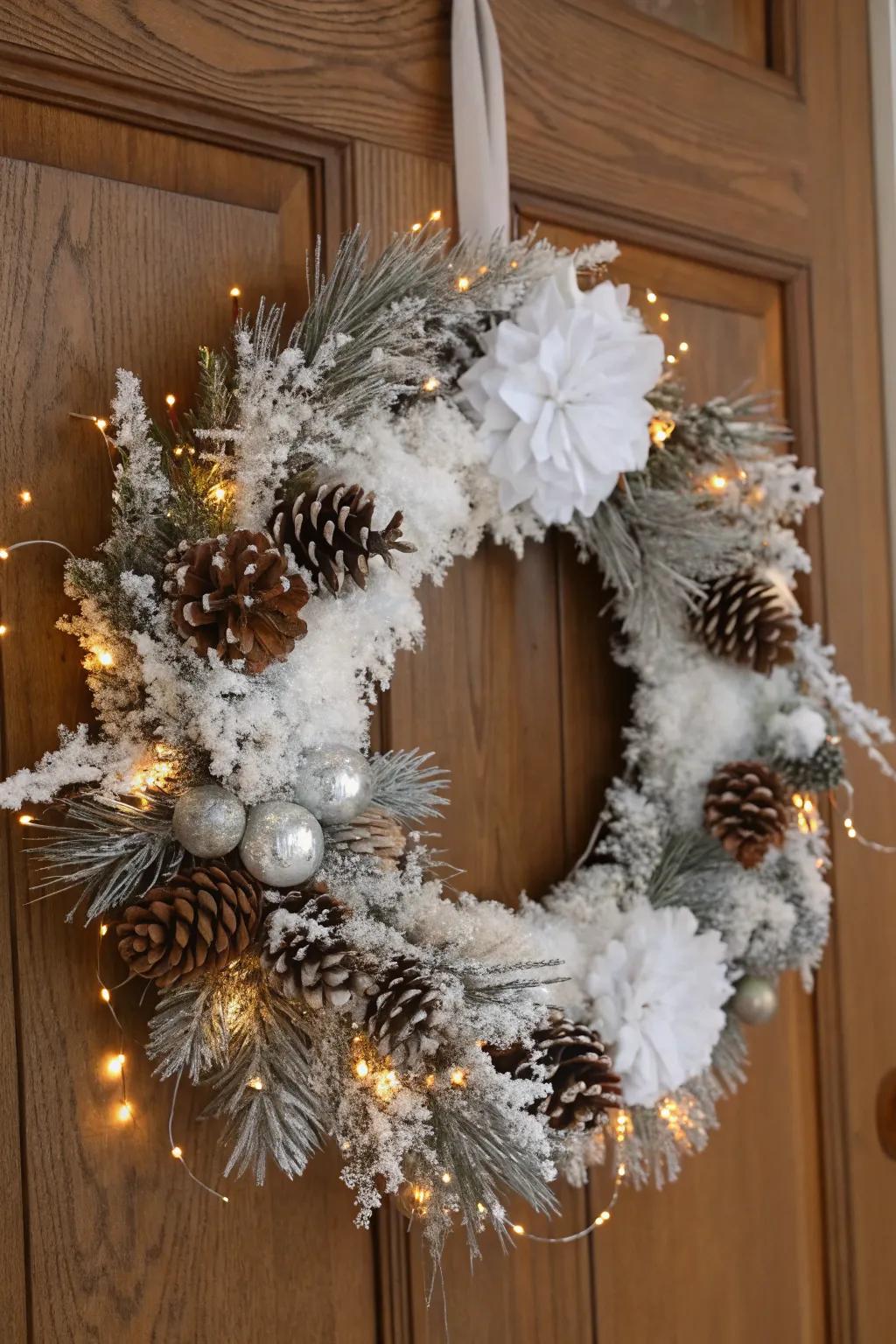 A winter wonderland wreath, capturing the enchanting beauty and serene magic of the season.