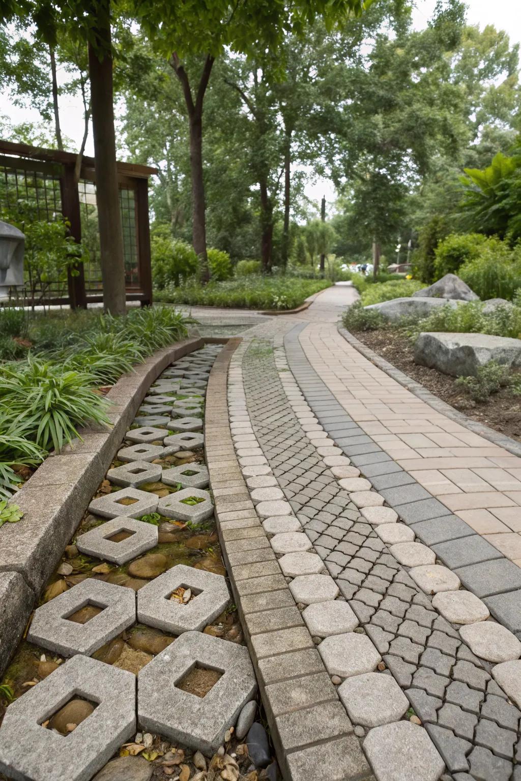 A sustainable walkway employing porous pavers for eco-conscious design.