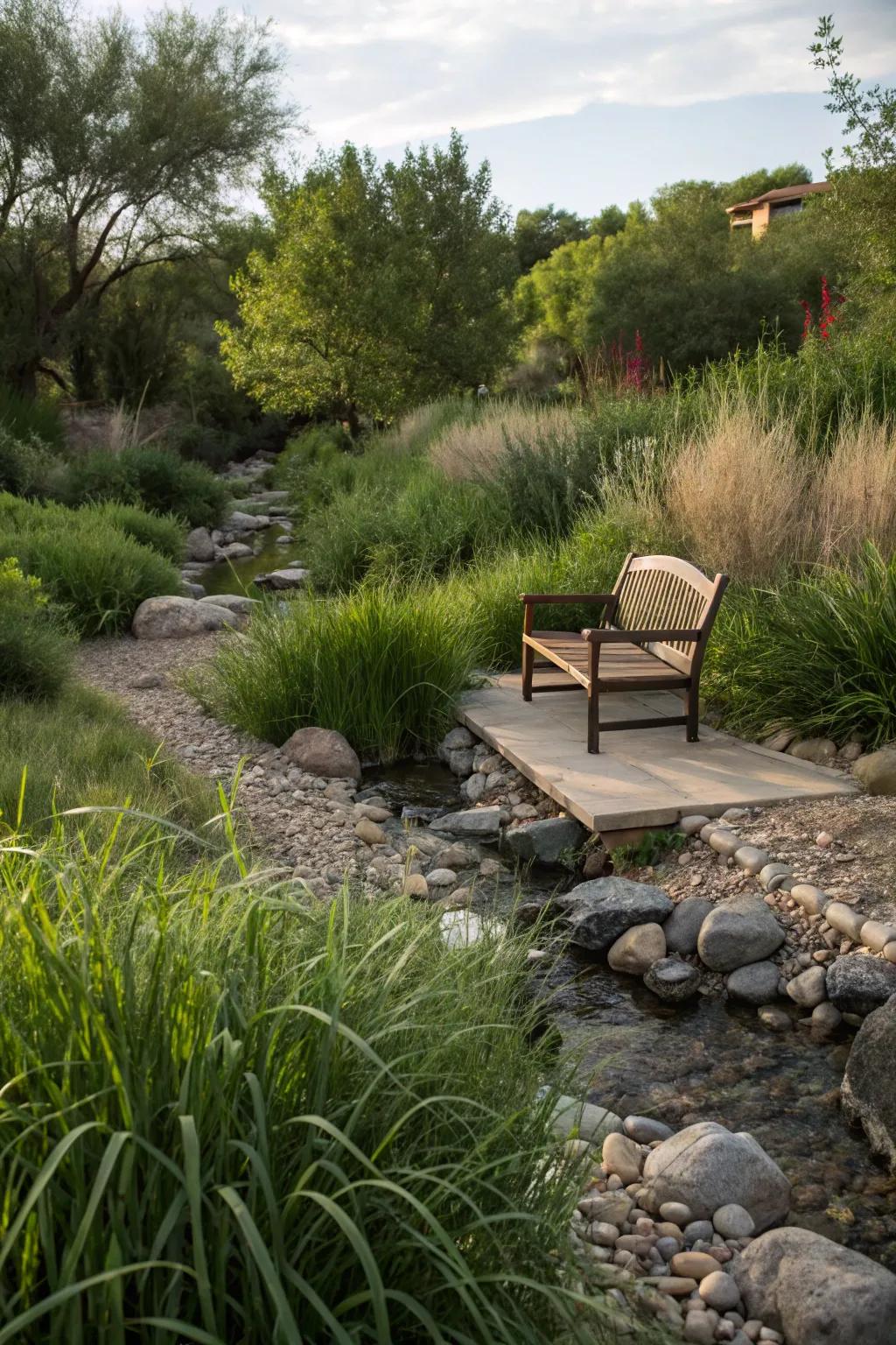 A hidden rest area offers a tranquil spot to enjoy your faux stream bed.