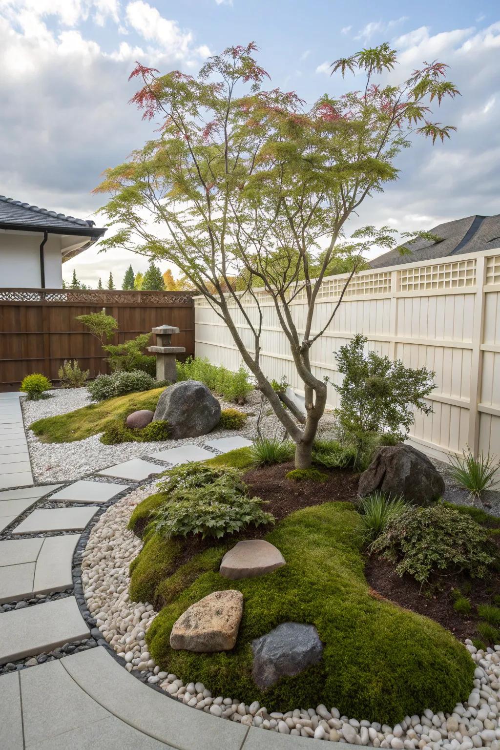 A zen garden corner featuring a Japanese maple provides a tranquil retreat within the front yard.
