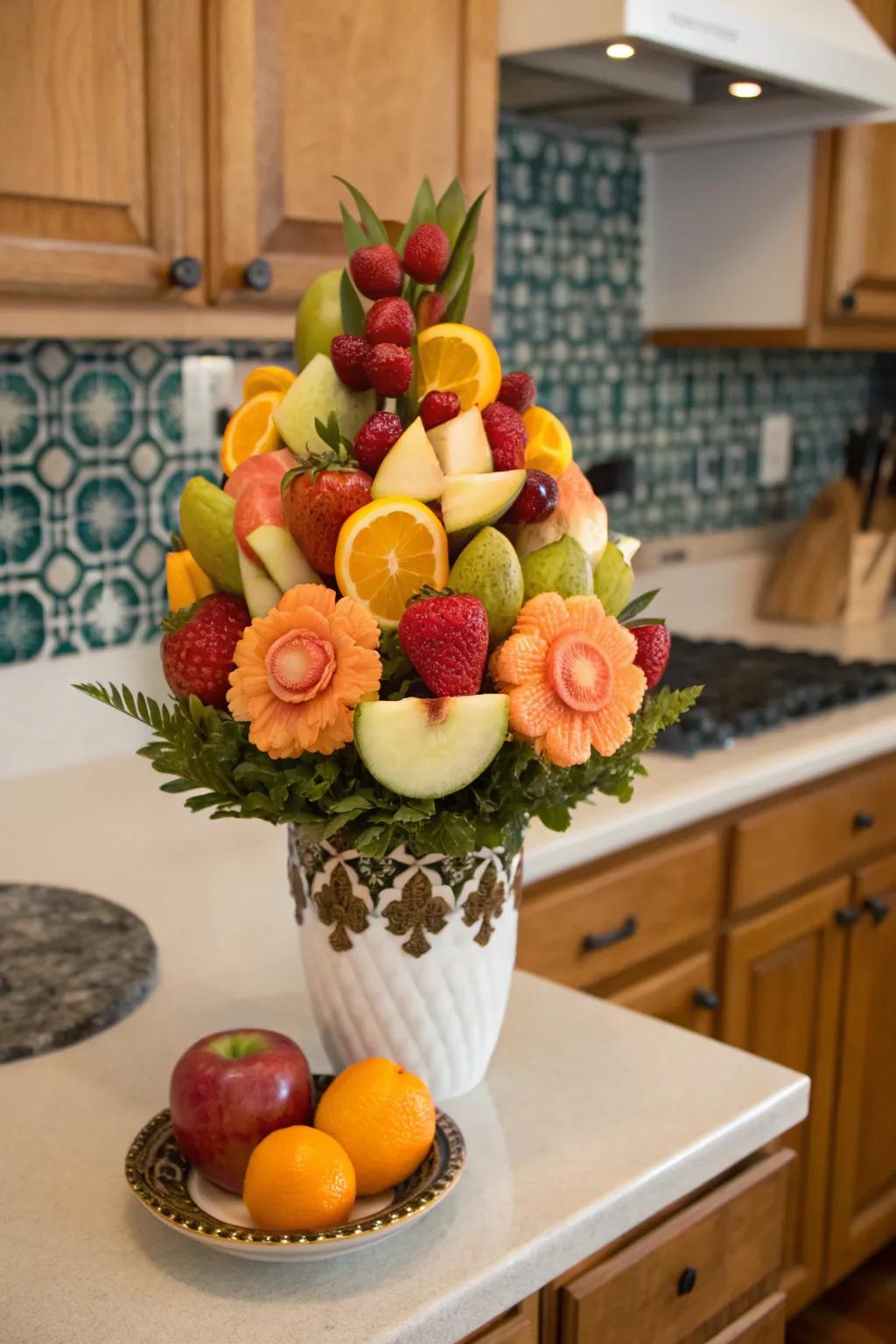Fruit bouquets designed as blossoms make for an edible and elegant decoration.