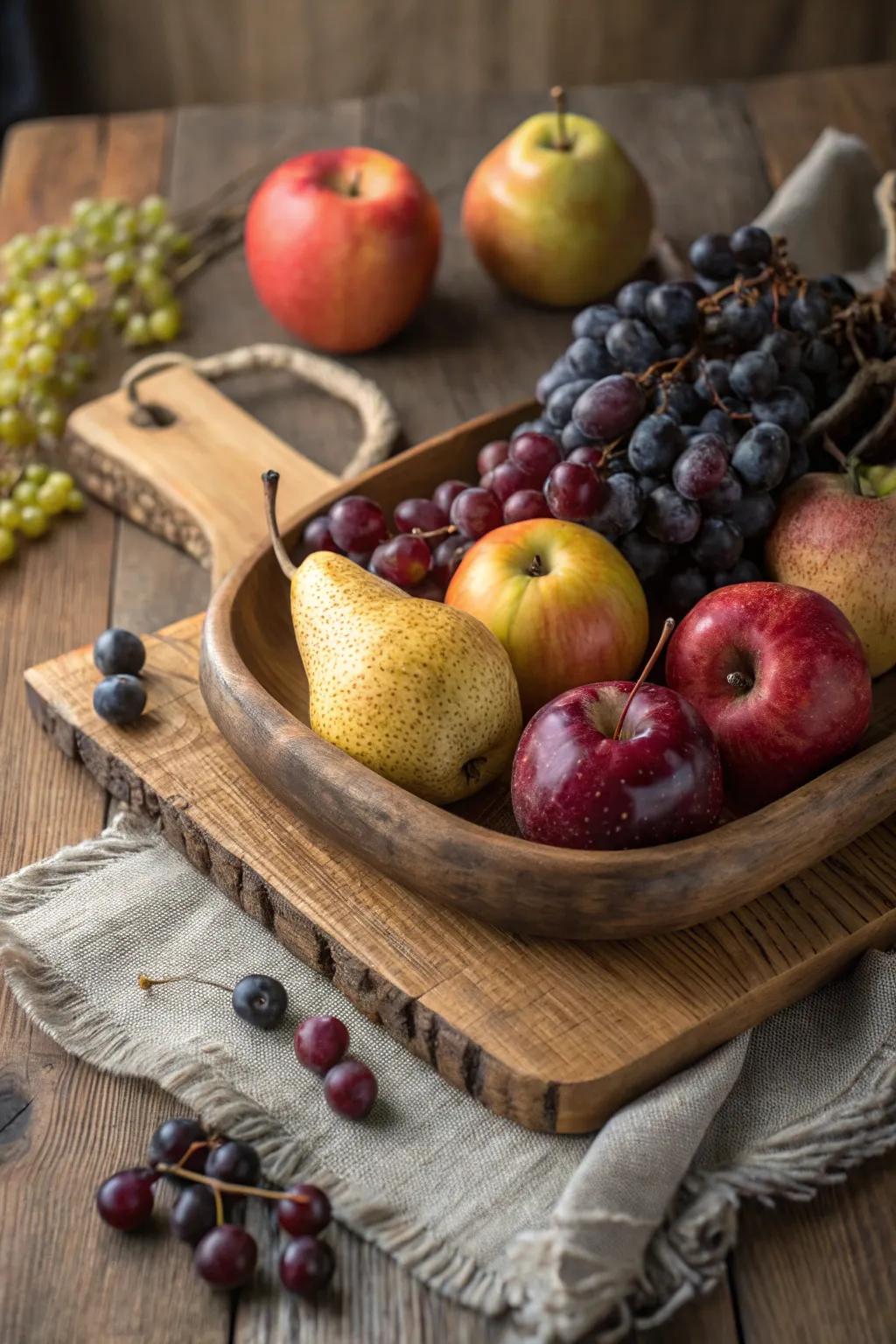 A rustic harvest fruit arrangement ideal for autumn gatherings.