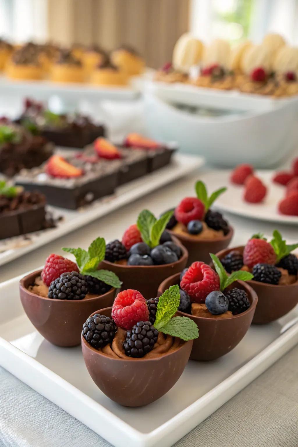 Unique fudge presentation in dessert shells.