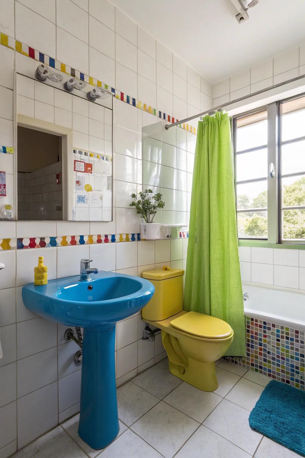 Colorful hardware introduces a singular and individualized element to the bathroom.