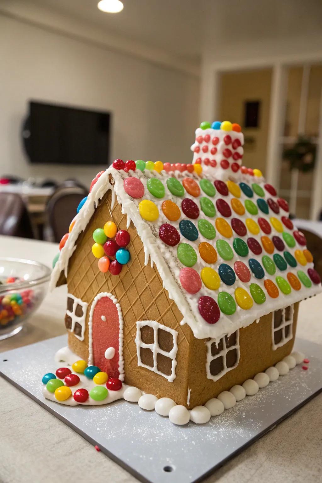 A gingerbread dwelling exhibiting a vibrant confection tectum
