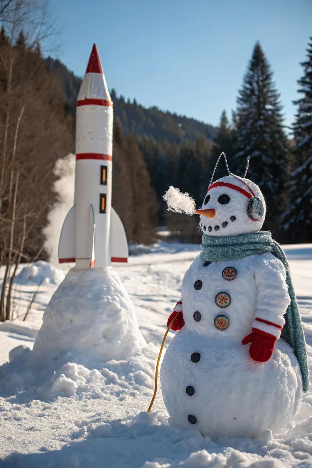 A snow figure on a mission to explore the snowy universe.