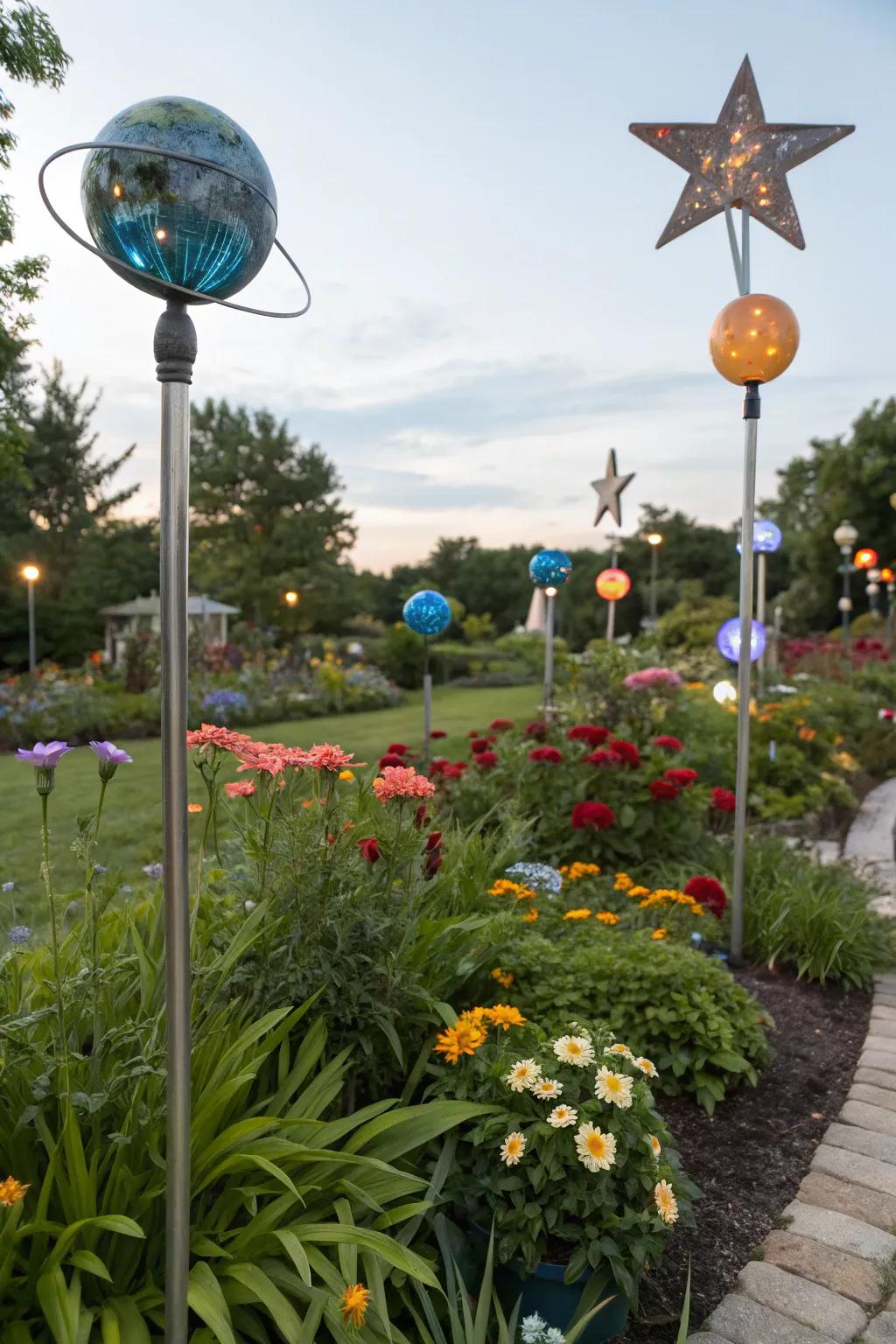 Celestial body decorations transforming the garden into a piece of the universe.
