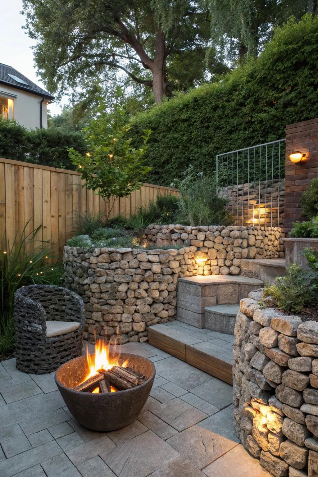 Create a warm atmosphere with a gabion fire pit area.