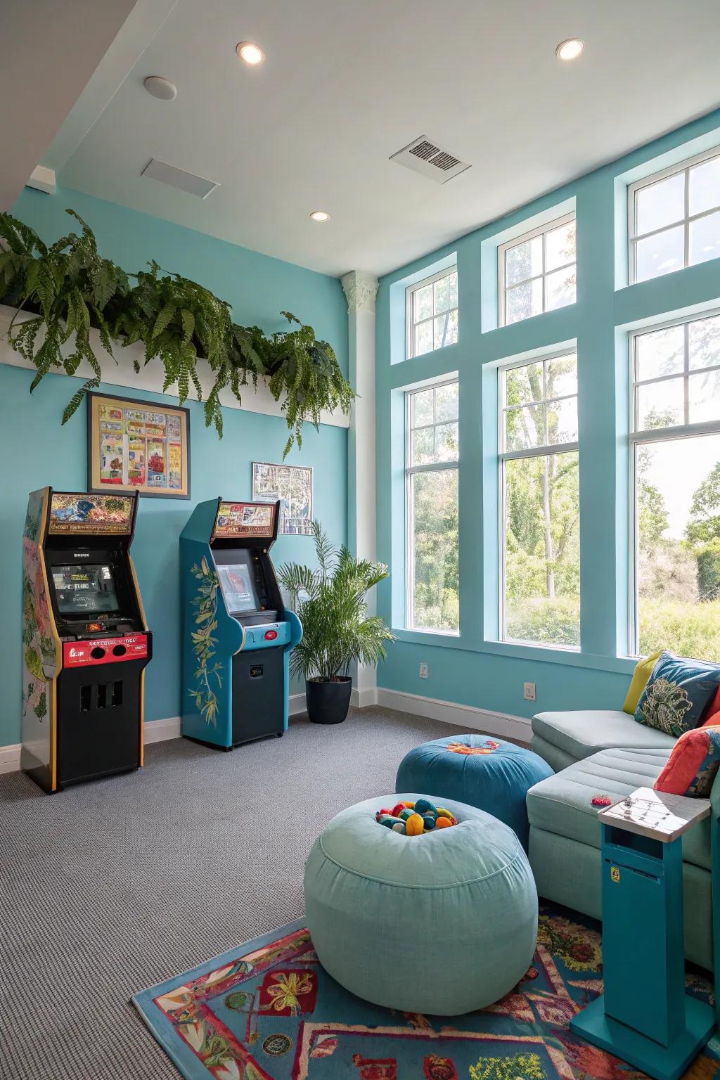 A sense of serenity and spaciousness is evoked by the cornflower walls, making it ideal for a game room.