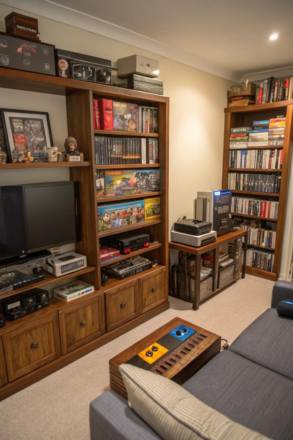 Bookcase exhibits impart both storage and flair to your gaming room.