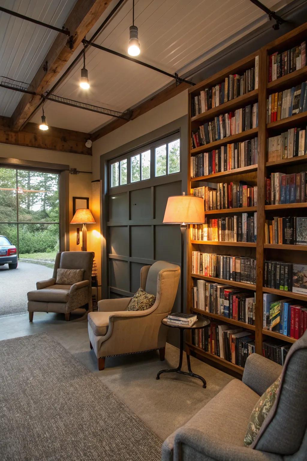 A tranquil library space created inside a garage.