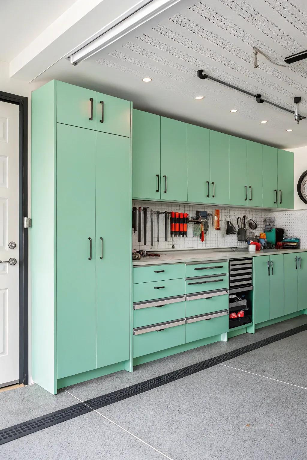 Light emerald fixtures refresh and invigorate the space.