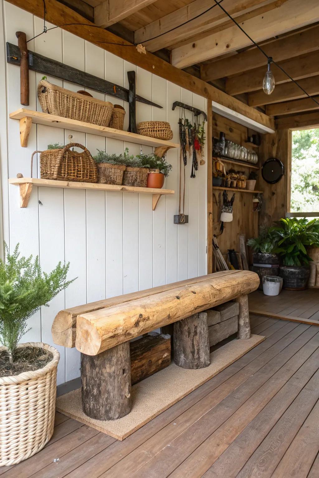 A rustic tree trunk bench brings nature's warmth into your garage.