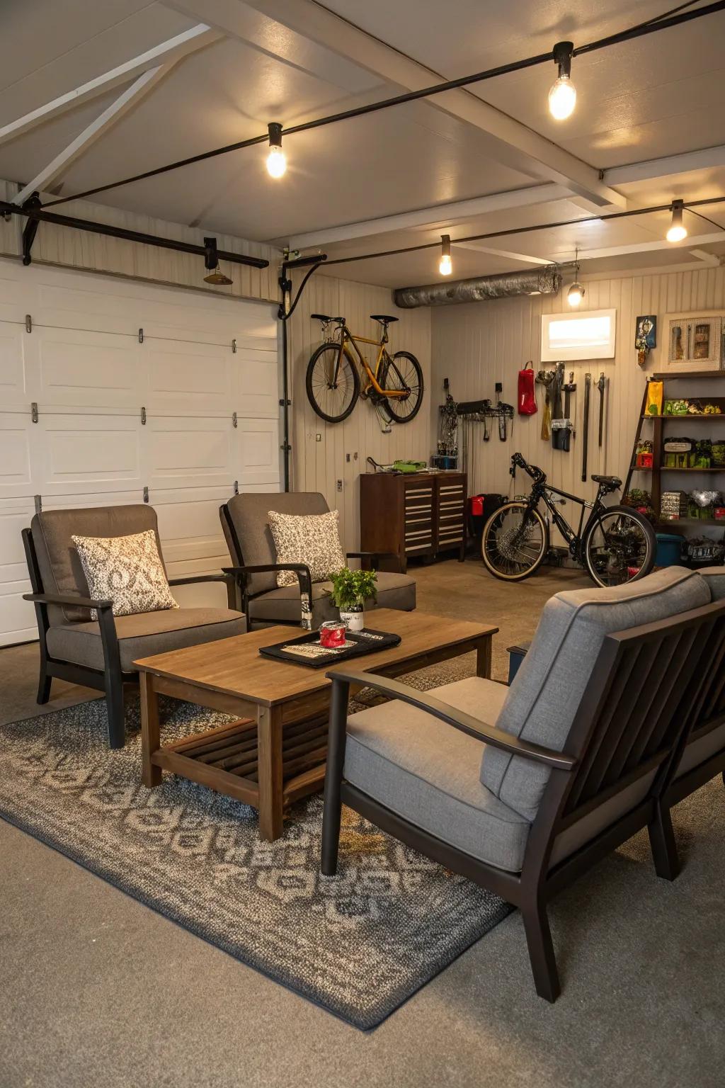 Your garage becomes a cozy hideaway with a lounge space.