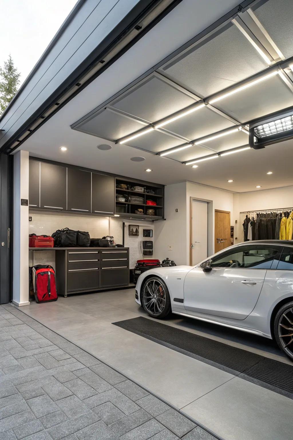 A roof expansion featuring concealed storage answers keeps the garage structured.