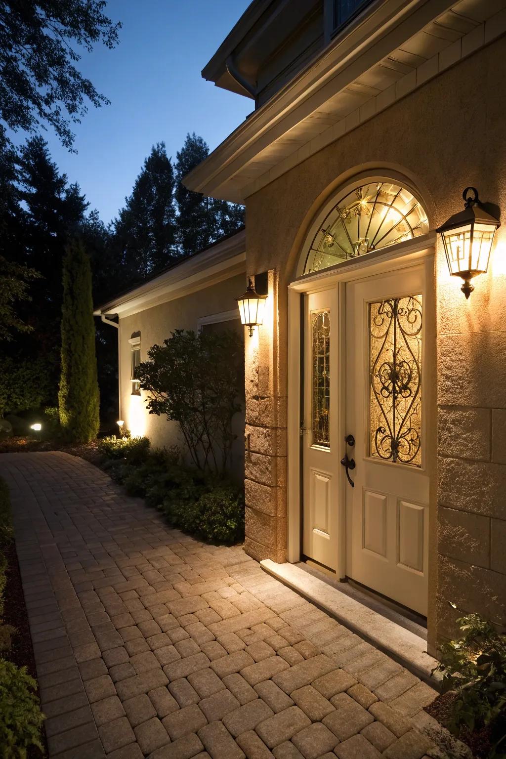 Ornamental illumination enhances the entryway's ambiance.