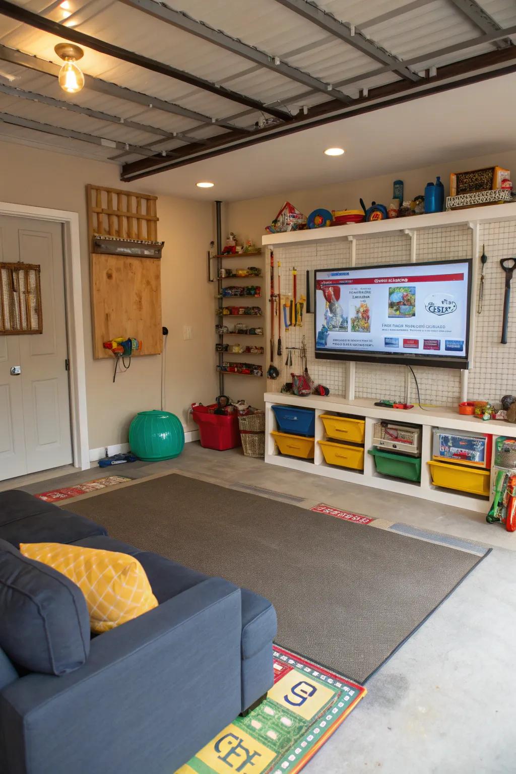 Create a fun and educational kids’ play area featuring a TV in your garage.
