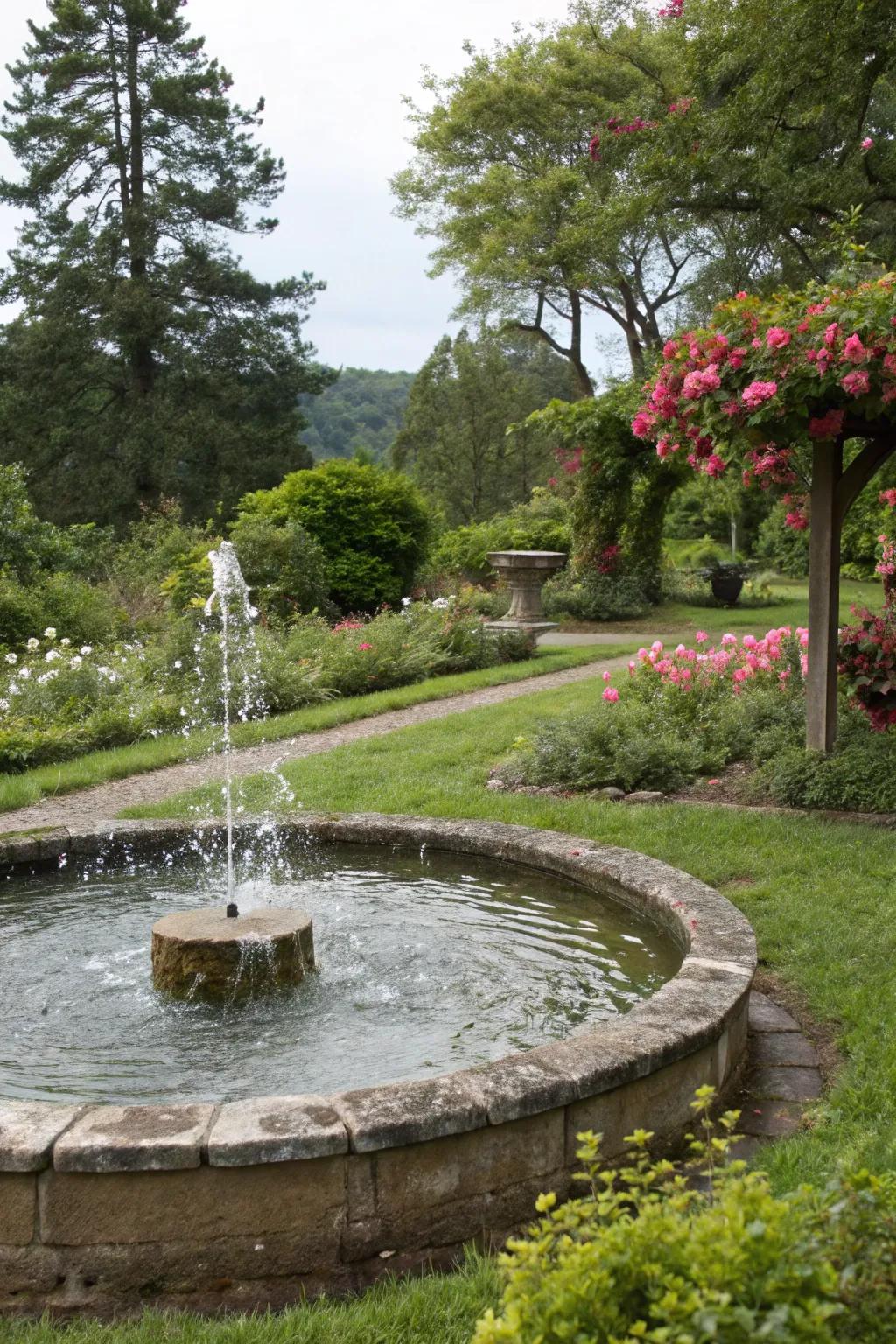 A serene liquid feature nestled within a garden.