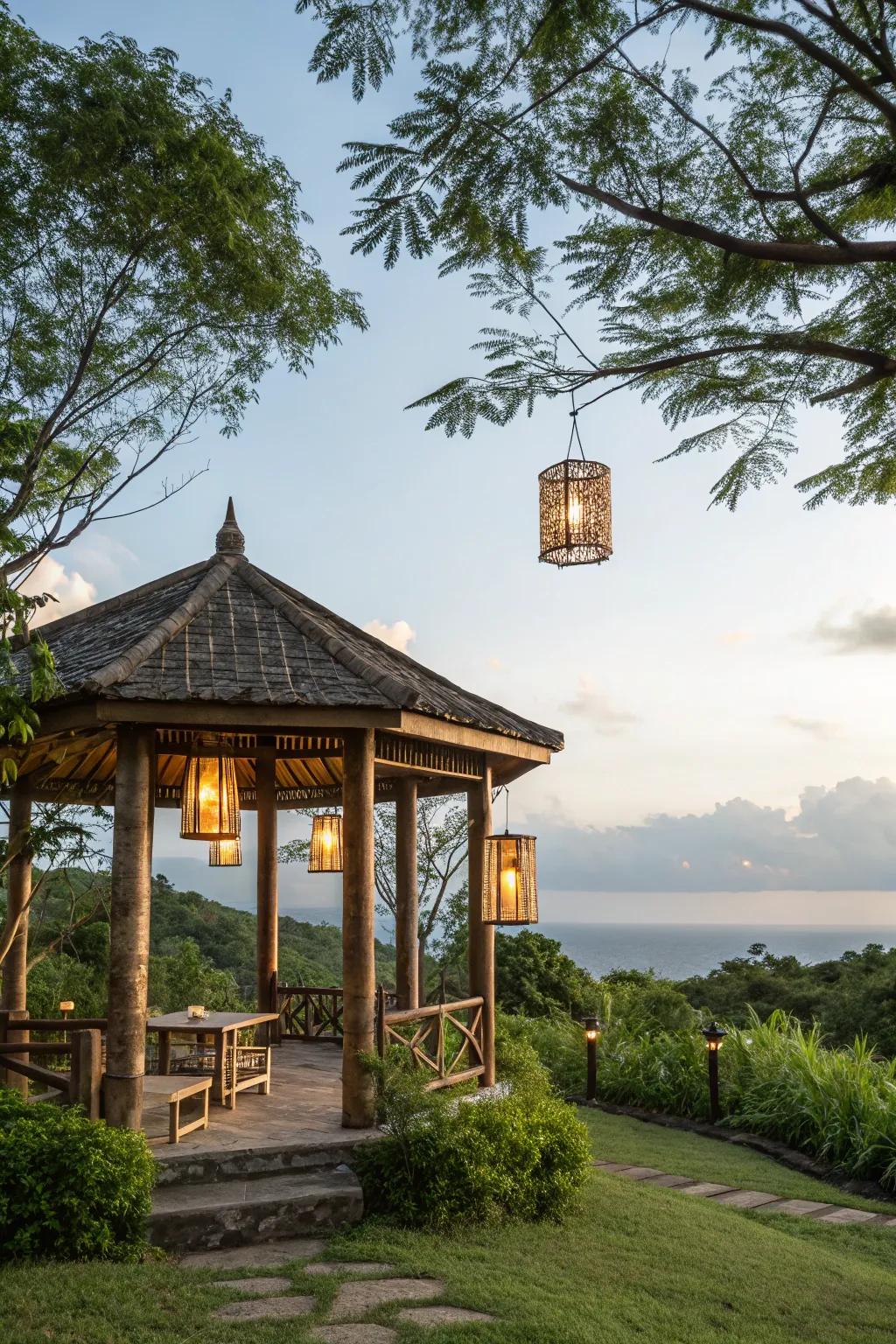 Cane fixtures fuse seamlessly to conceive a serene atmosphere.