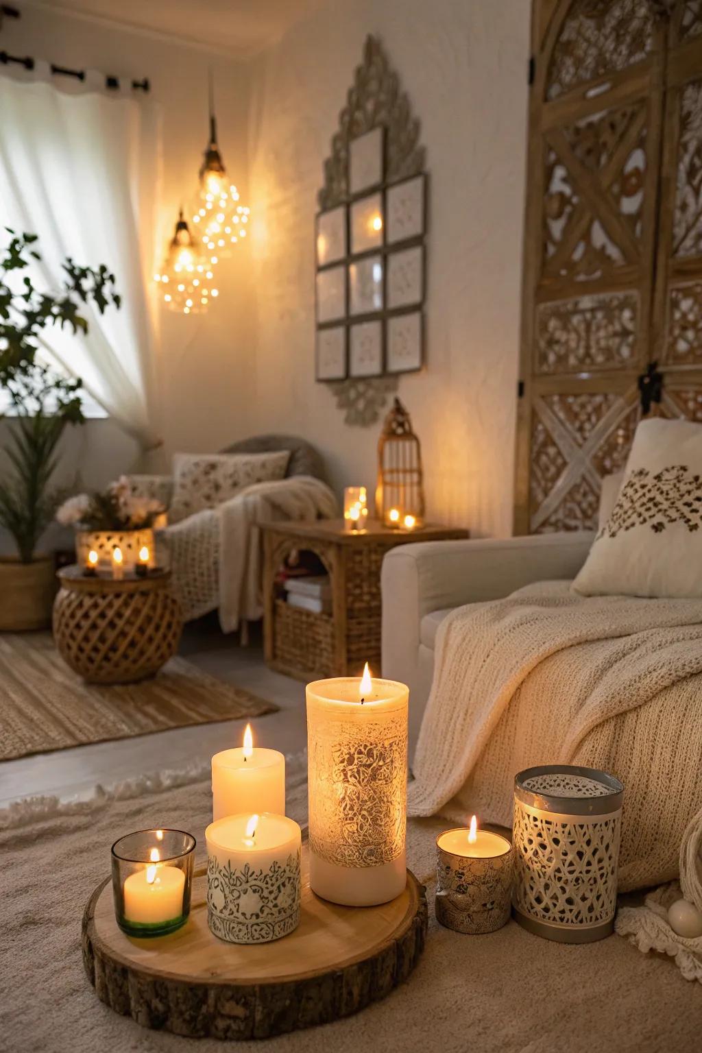 Scented candles add warmth and a delightful aroma.