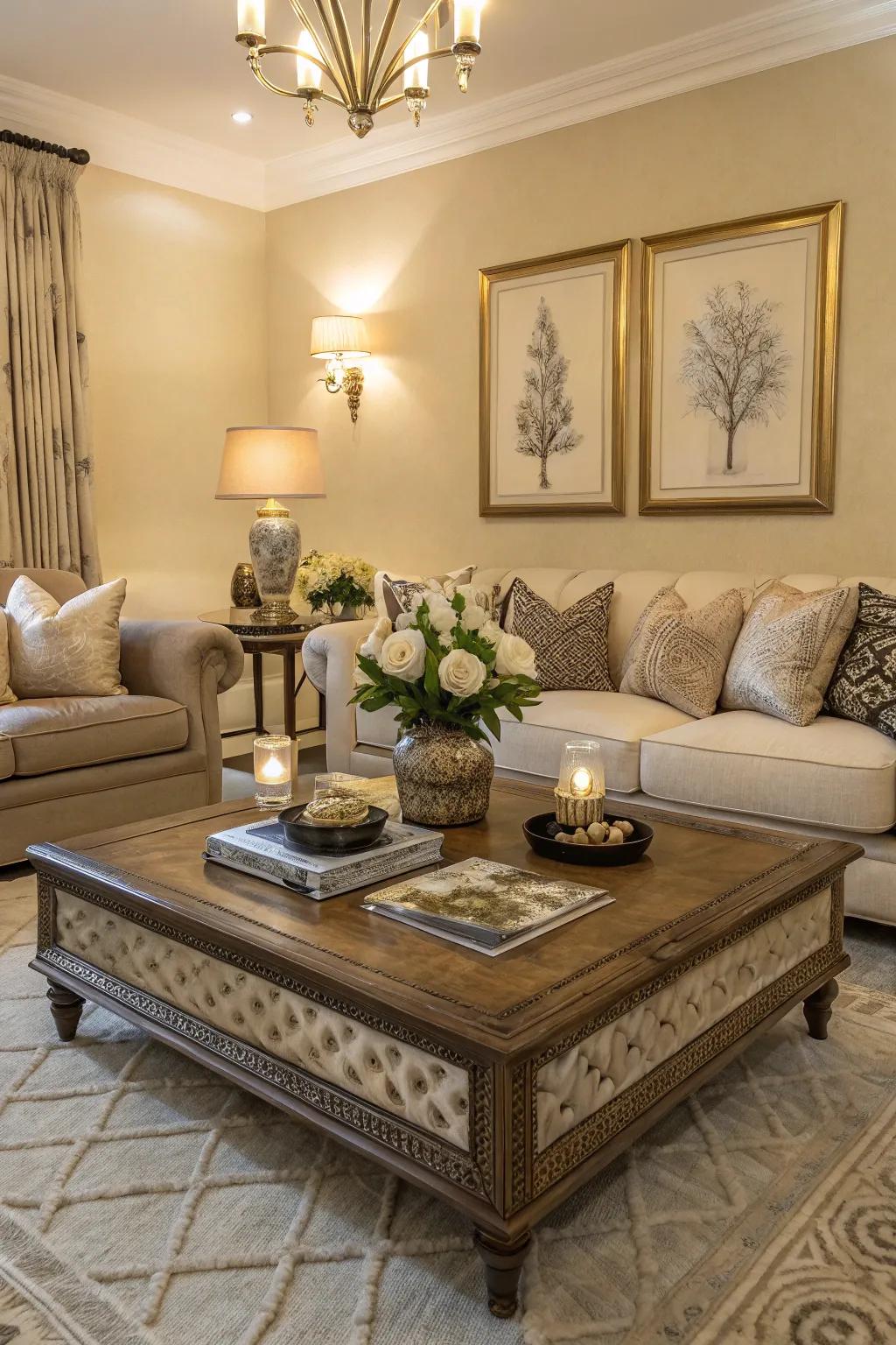 A chic living space centered on a statement center table.