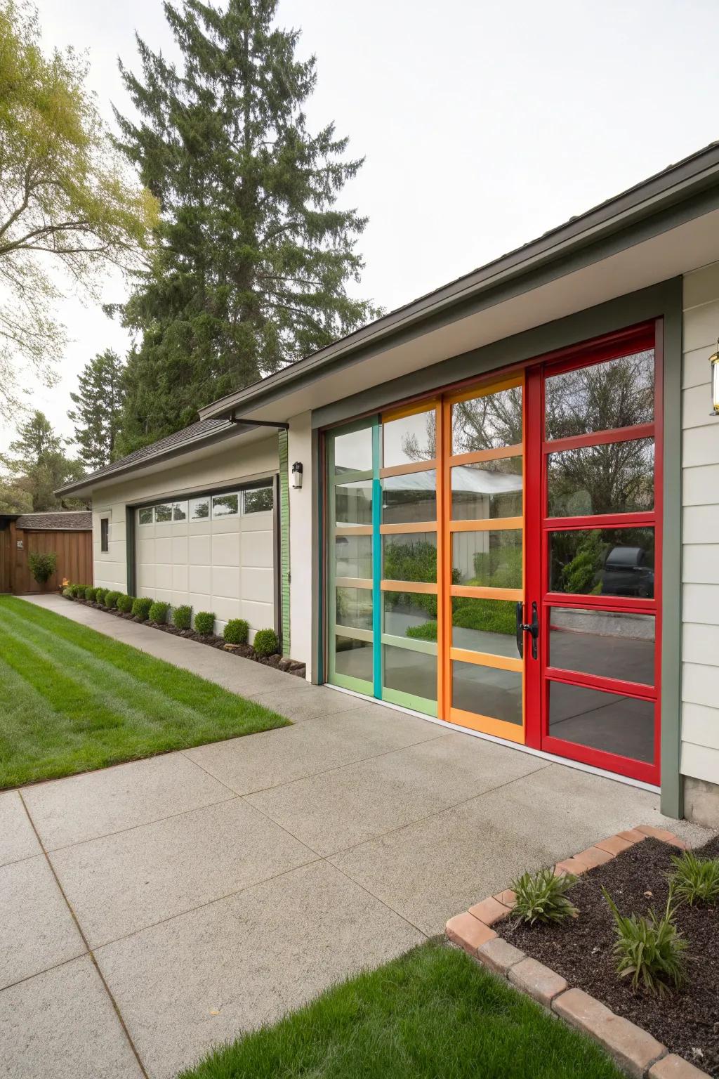 A bold home design with a colorful glass garage door border.