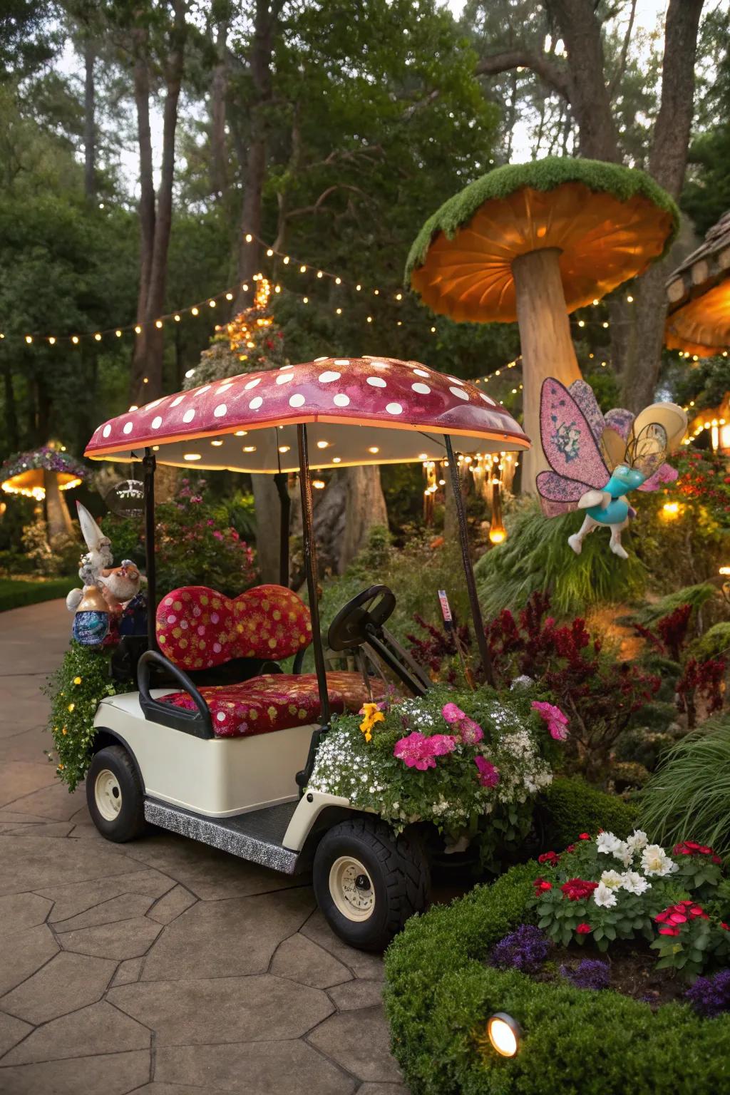 Enter a fanciful magical realm through imaginative golf cart embellishments.