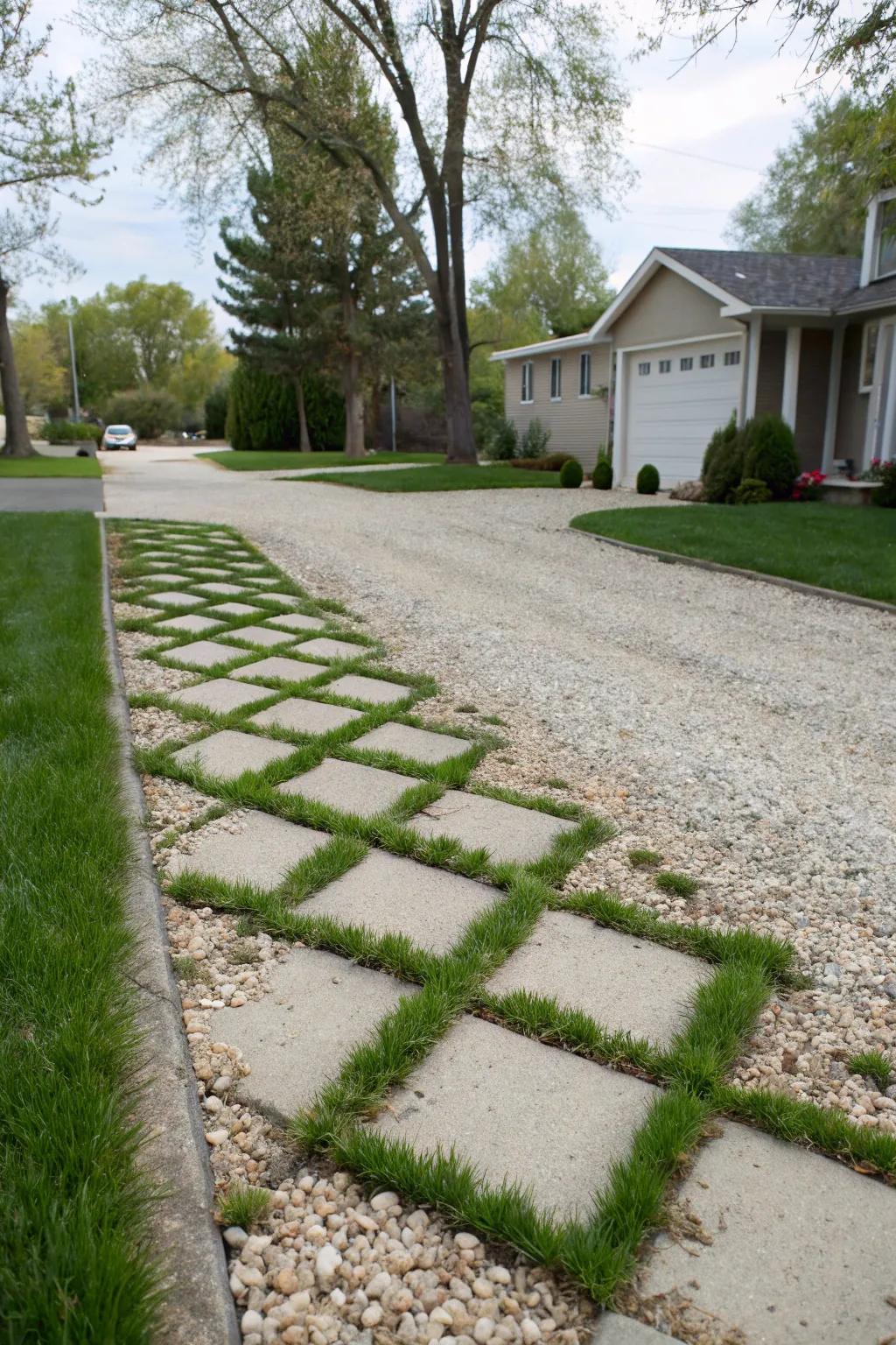 Grass paver edging fuses driveway with vibrant greenery.