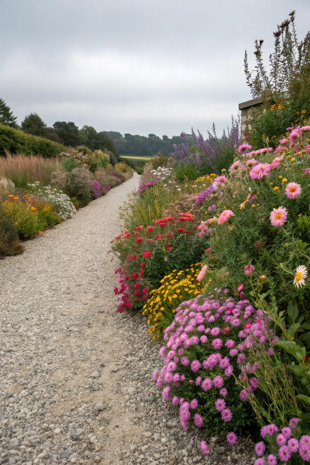 A dynamic pebble flower bed featuring seasonal flowers in rotation