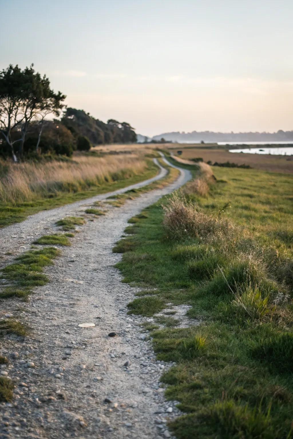 A walkway’s appeal is softened by the integration of gravel and grass.