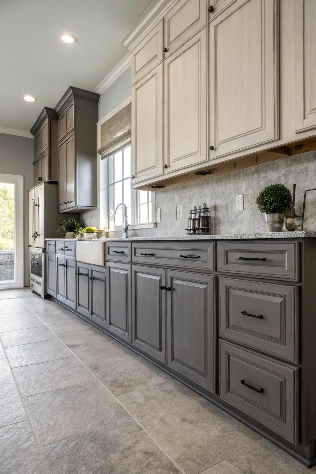 Mixing gray tones in cabinets creates depth and interest.