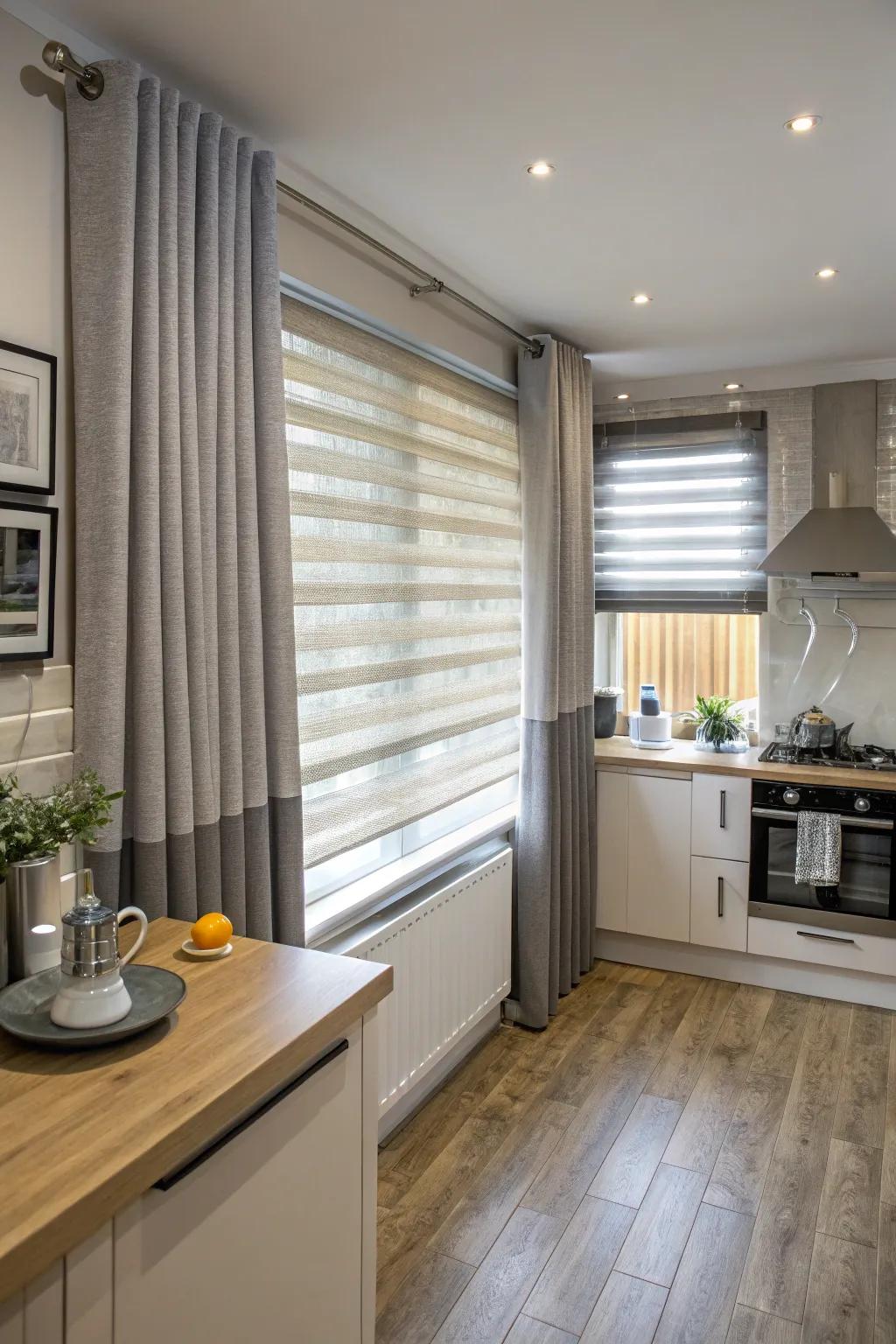 Layer ash drapes over shades for versatile lighting and privacy control.