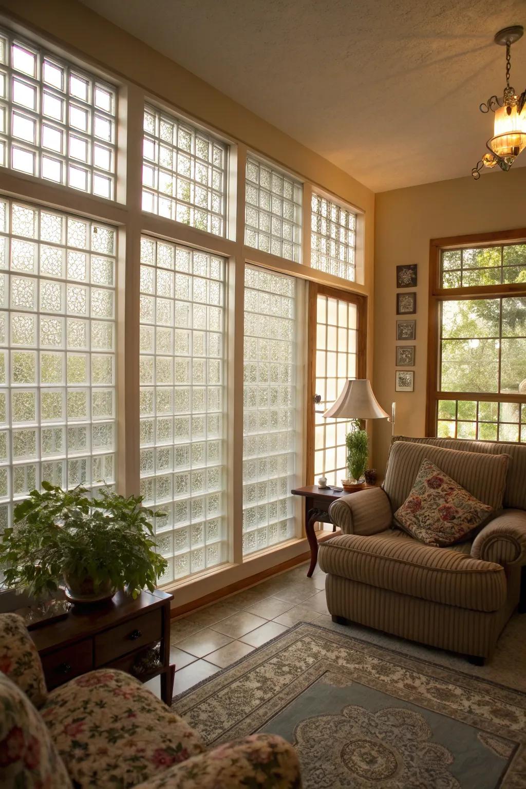 Glass brick windows conserve privacy and light inside this inviting living room.