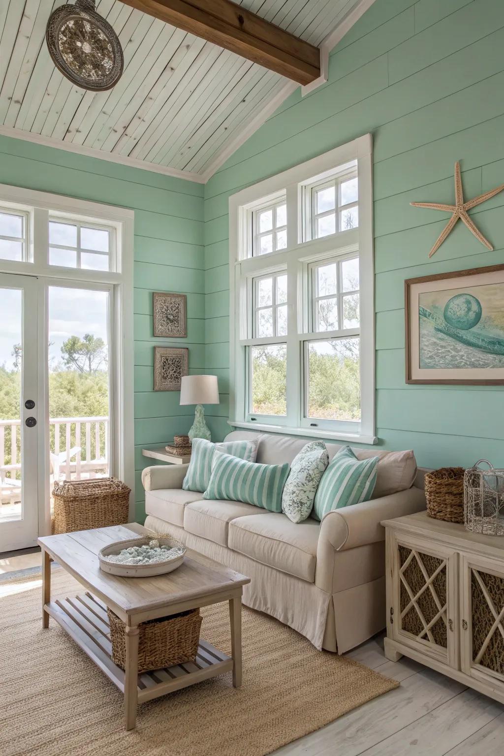 The seafoam wall invokes coastal vibes.