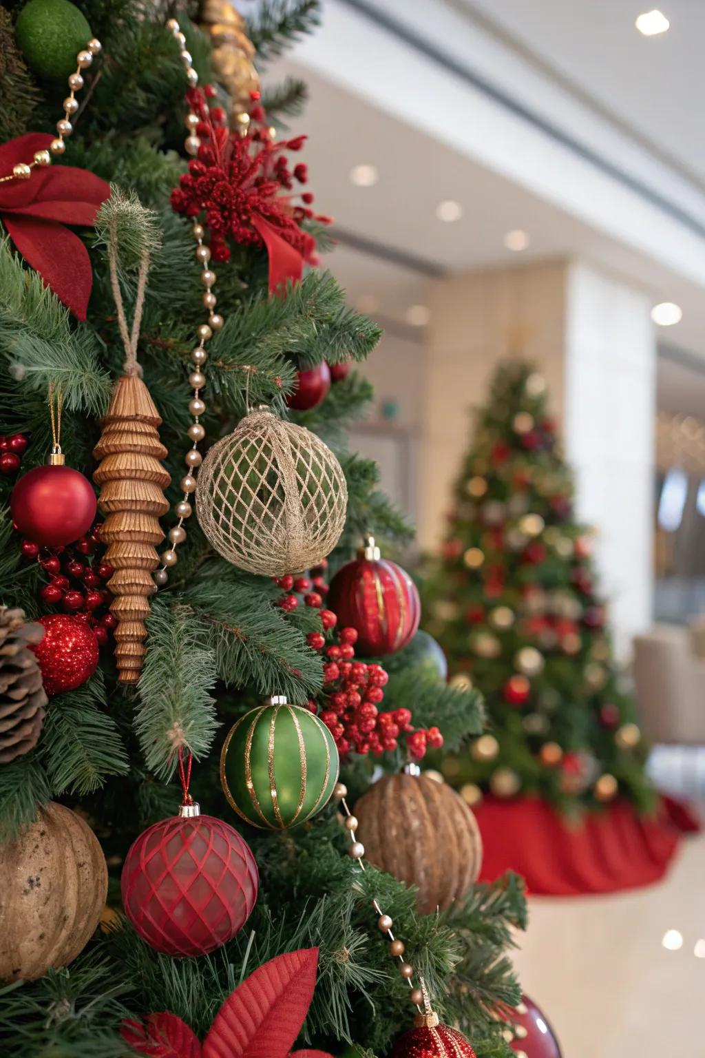 A gathering of styles Christmas tree with varied red and green ornaments.