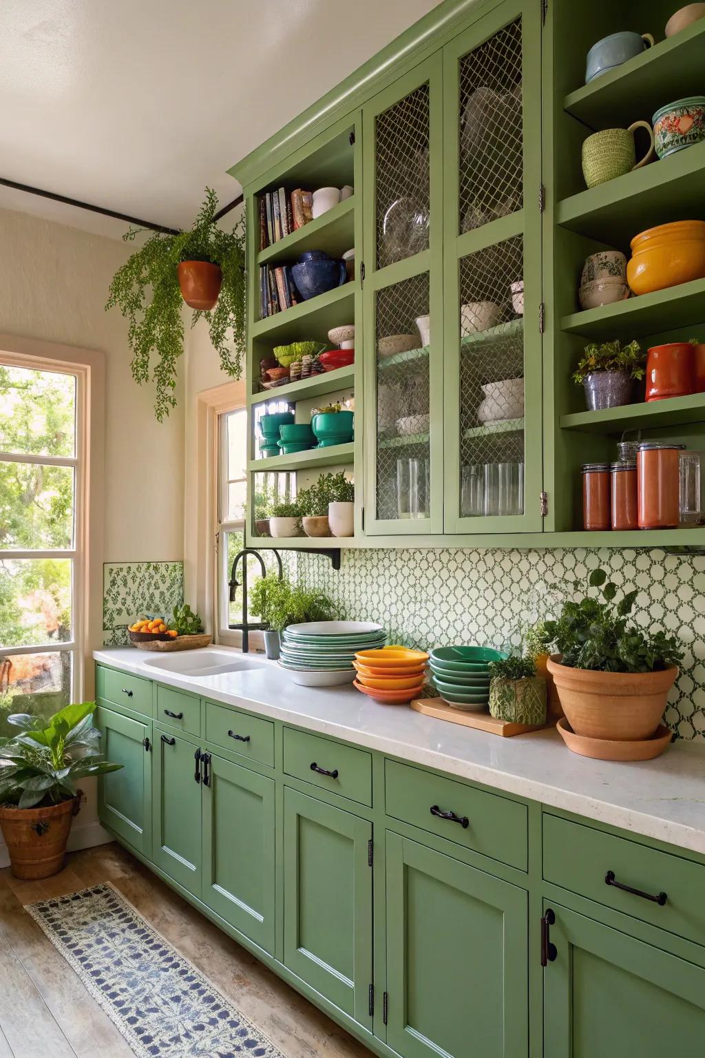 Airy kitchen featuring green cabinets and stylish open shelving.