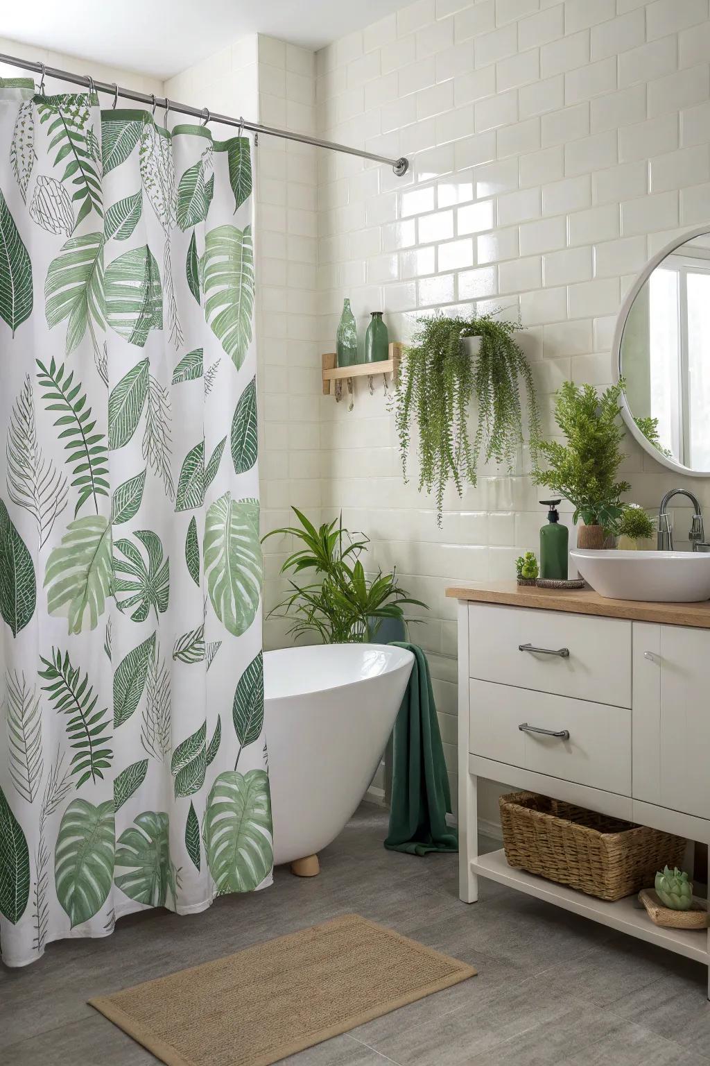 Leafy decor adds tranquility to your bathroom experience.