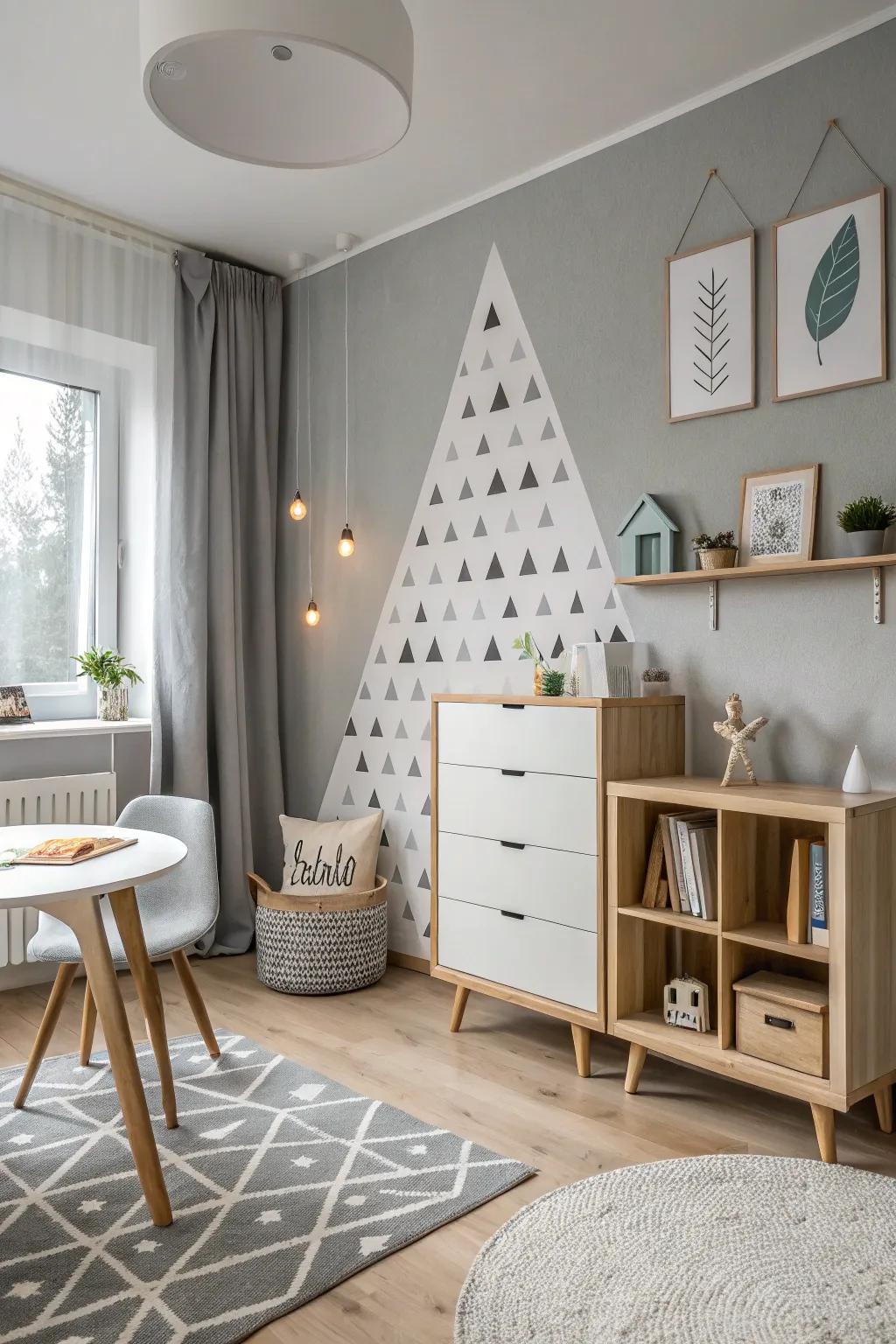 A Scandinavian room with a grey accent wall.