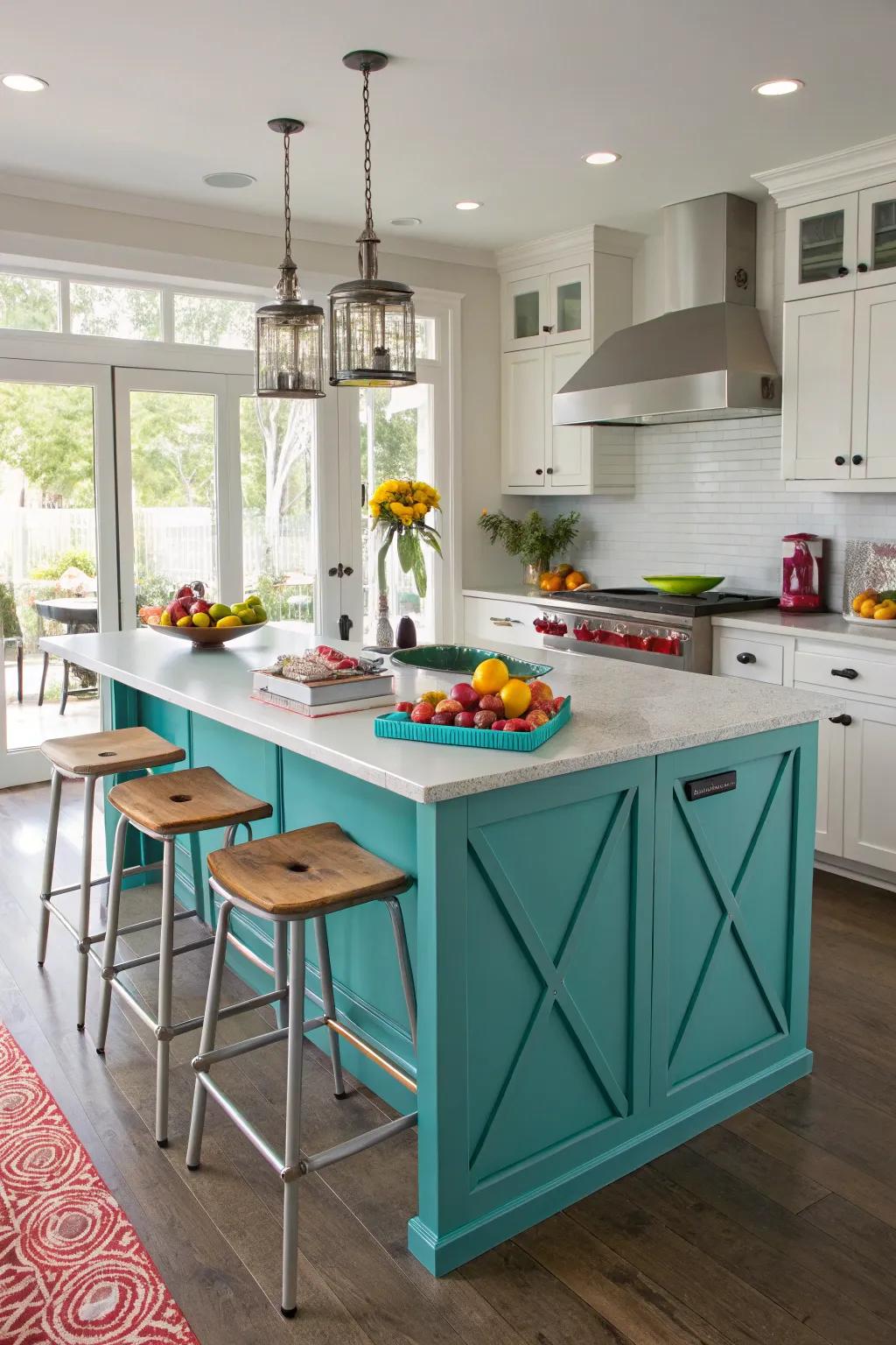 An aqua centerpiece becomes the kitchen's vibrant heart.