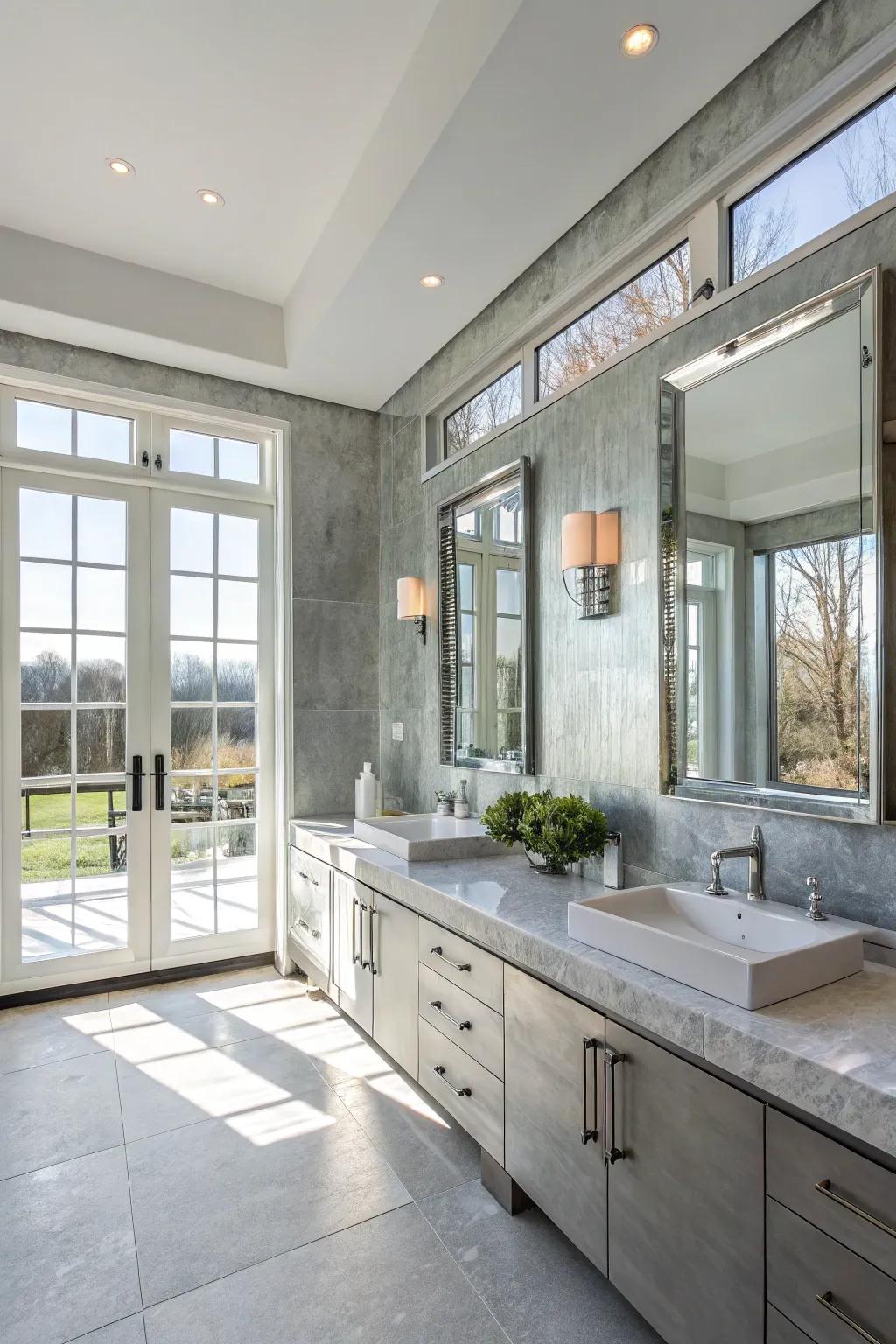 Chrome grey walls reflect light beautifully, making this bathroom feel more open.